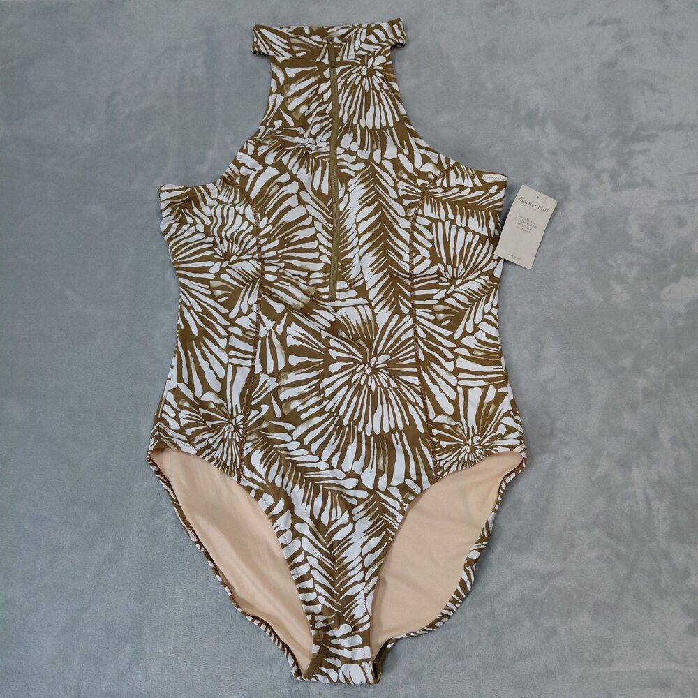 NWT Garnet Hill Sz 18 Zip Front One Piece Swimsuit Abstract Tropical Palm Brown